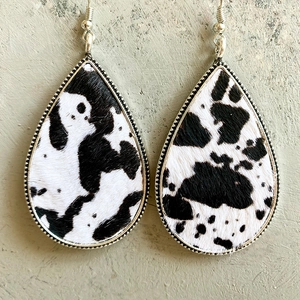 Waterdrop cow print calf hair earrings with silver beaded metal frame and hook