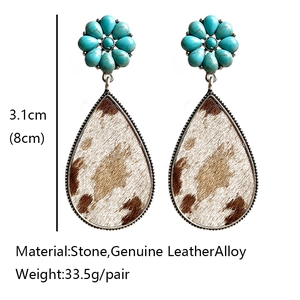 Bohemian turquoise flower earrings with cow print pony hair leather drops and alloy trim