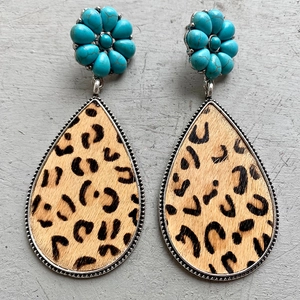 Bohemian leopard print leather earrings with turquoise flower studs and silver metal trim