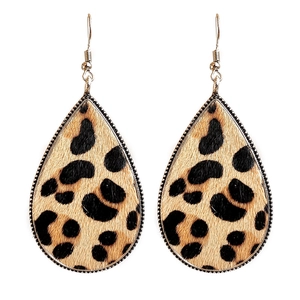 Leopard print teardrop earrings with faux fur texture and silver beaded metal edges