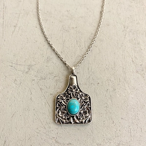 Collier Pendentif Turquoise Western Alliage Vintage Bohème Relief Floral Bouclier Étiquette Vache Argent Antique Bijoux Femme
