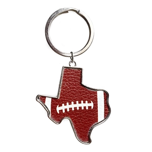 Texas state shape leather football keychain with silver metal ring and white stitching