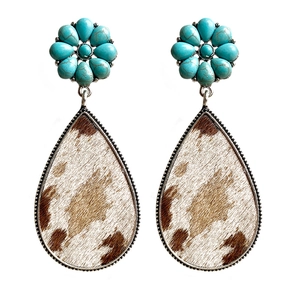 Western turquoise flower earrings with teardrop cowhide print and silver trim