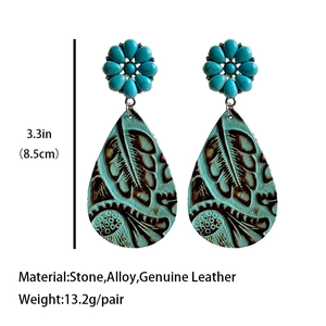 Bohemian teardrop earrings with turquoise sunflower studs and embossed leather leaf pendants