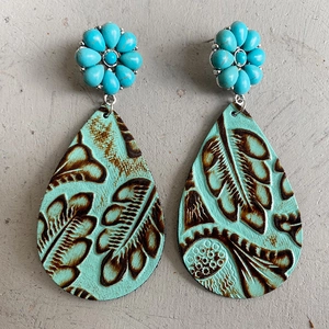Bohemian western turquoise leather drop earrings with vintage floral embossed pattern