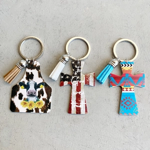 Western Cowboy Leather Keychain Printed Tassel Cross Cow Print Sunflower Cattle Tag Pendant Key Ring For Men Women Gift
