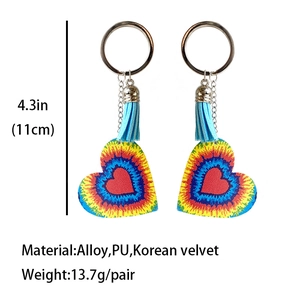 Porte-clés cœur en similicuir arc-en-ciel avec glands bleus et anneau en alliage durable