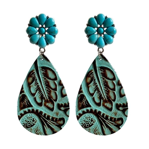 Bohemian western style leather earrings with turquoise flower studs and teardrop leaf patterns