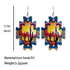 Bohemian Aztec sunflower PU leather earrings with western cactus desert print and iron hooks