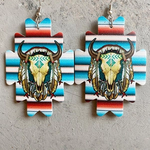 Western Cowboy Aztec Sunflower PU Leather Drop Earrings Retro Bohemian Ethnic Bull Skull Cactus Tribal Pattern Dangle Earrings For Women