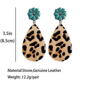 Bohemian turquoise flower and leopard print leather drop earrings with size markers