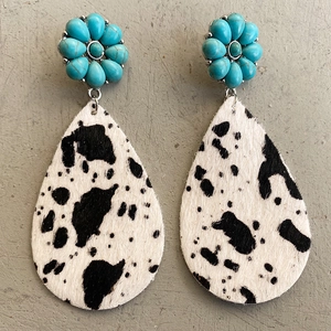 Bohemian Western Style Genuine Leather Turquoise Flower Drop Earrings Cow Leopard Print Waterdrop Dangle Jewelry For Women