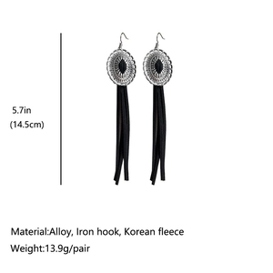 Western bohemian long black fringe tassel earrings with ethnic silver engraved plate