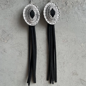 Retro silver alloy earrings with black faux leather tassels in Western cowboy style
