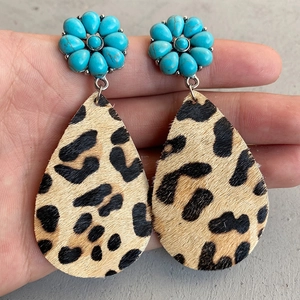Bohemian turquoise flower earrings with leopard print hair calf teardrop pendants
