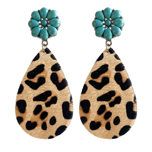 Bohemian sunflower turquoise earrings with leopard print leather teardrop pendants