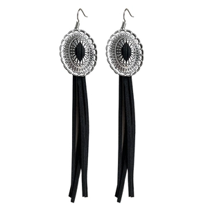 Retro bohemian western style silver alloy earrings with long black faux leather tassels