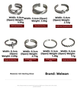 Vista detallada de siete anillos de plata S925 con texturas vintage de nudos y cadenas