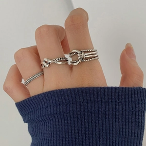 Anillos de plata retro de varias capas con diseño de cadena y cuerda para mujeres