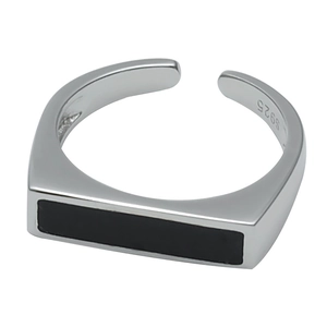 Anillo abierto minimalista de plata de ley S925 con incrustación de esmalte negro rectangular