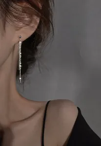 Gros plan sur d'élégantes boucles d'oreilles à longs pompons et chaînes en métal argenté
