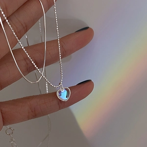 Double-layered S925 silver heart necklace with blue moonstone pendant and bead chain