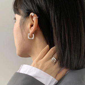 Minimalistische geometrische quadratische Silber-Ohrringe mit Ear-Cuff-Set für Damen