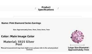 Tabla de tallas de pendientes de circonita rosa de 3mm a 7mm con aguja plata s925