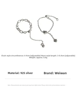 Detailed view of adjustable S925 silver heart chain ring with dimension specifications