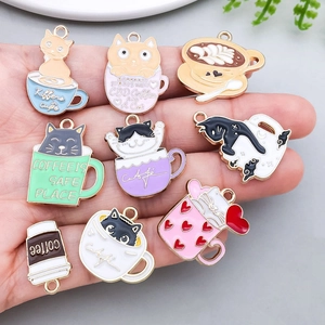 Cartoon cat and coffee cup enamel pendants for DIY bracelets necklaces