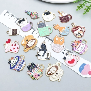 Colorful enamel cat and coffee cup charms for DIY jewelry making accessories set