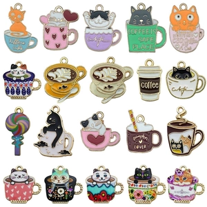 Set of 20 colorful enamel cat and coffee cup charms for DIY jewelry making and crafts