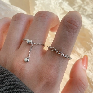 Adjustable 925 Sterling Silver Heart Chain Ring For Women Dainty Minimalist Pull Out Link Ring With Heart Charms Jewelry Gift