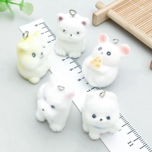 Five colorful resin flocked animal puppy pendants with silver metal rings for DIY jewelry