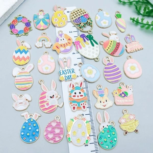 Mix of 30 Easter bunny and egg alloy enamel charms for DIY jewelry making with ruler
