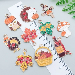 Colorful enamel Thanksgiving charms set featuring turkey and maple leaf for DIY jewelry