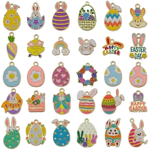 Set of 30 colorful Easter enamel charms featuring rabbit, egg, and carrot designs for DIY jewelry