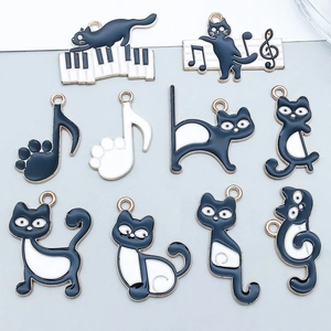 Schwarz Weiß Emaille Katze Musiknote Klavier Charms Zinklegierung Tier Anhänger Für Schmuckherstellung Armband Halskette