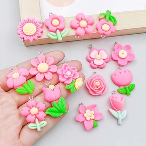 Mixed pink resin tulip and sunflower flower charms for DIY jewelry making necklaces