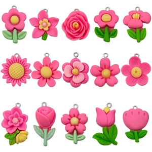 Set of 15 rose pink resin tulip and sunflower charms with metal rings for DIY jewelry making