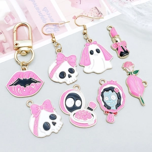 Gothic pink enamel skeleton bride and ghost charms with golden metal edges for DIY jewelry