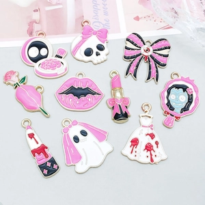 Set of 10 pink and black gothic enamel charms including skull and heart for DIY jewelry