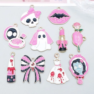 Gothic Halloween Alloy Enamel Pendants Magenta Pink Skull Ghost Lips Rose Patterns For DIY Jewelry Making Pendant Only