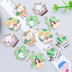 Colorful enamel cartoon puppy and plant alloy pendants set with ruler for size scale