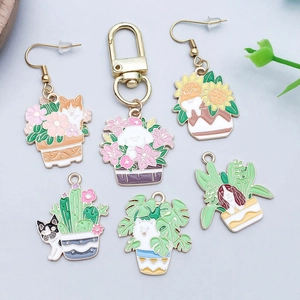 Set of colorful enamel cartoon dog and potted plant charms with gold alloy hooks