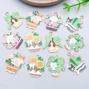 Detailed flat lay of 12 colorful enamel cartoon puppy and potted plant charms for DIY crafts