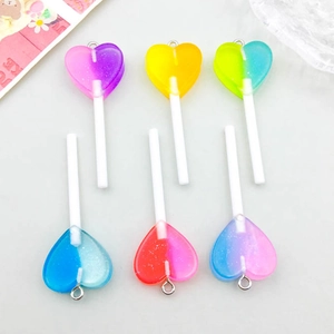 Set of six colorful heart-shaped resin lollipop pendants for DIY jewelry making