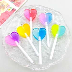Glittery heart lollipop resin pendants with silver metal rings in six gradient colors