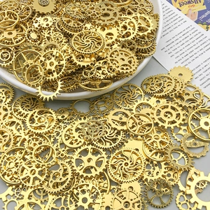 Macro detail of assorted steampunk alloy gears and mechanical clock parts for DIY crafts