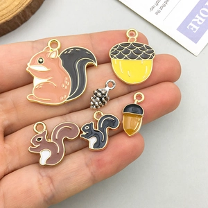 Forest squirrel and acorn enamel alloy charms set for DIY jewelry making